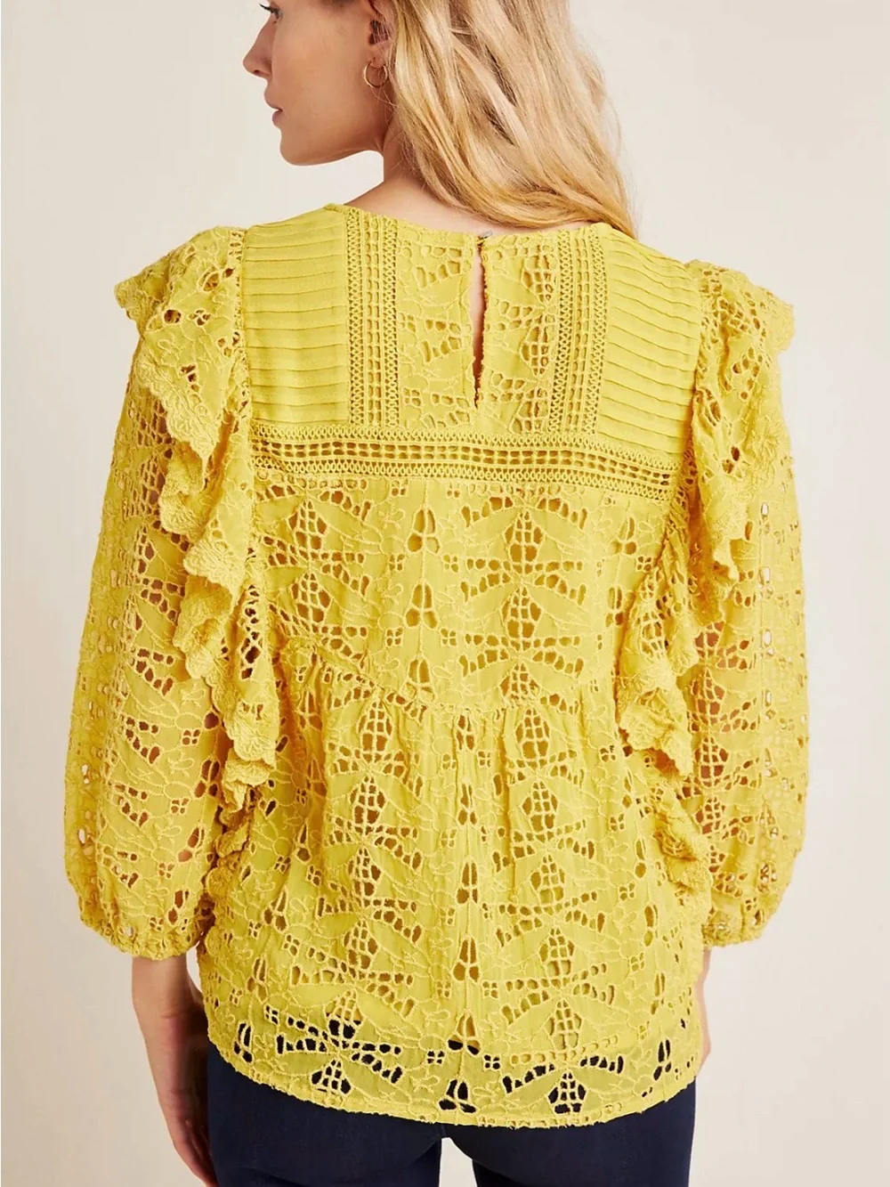 Anthropologie Maeve Clementine Yellow Eyelet Ruffled 3/4 Sleeve Blouse Size 4